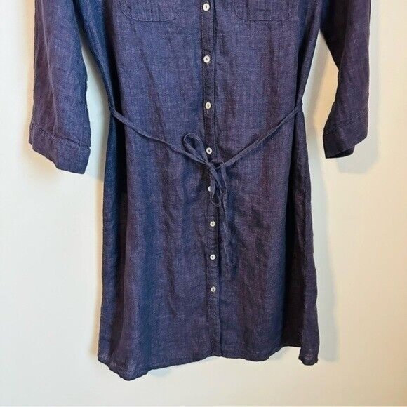 Malvin Hamburg Navy Blue 100% Linen Shirt Dress Roll Tab Sleeve Womens Medium - Picture 4 of 8